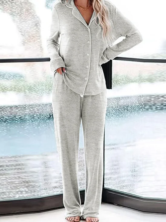 Plain Shawl Collar Long Sleeve Top With Pants Casual Pajama Set