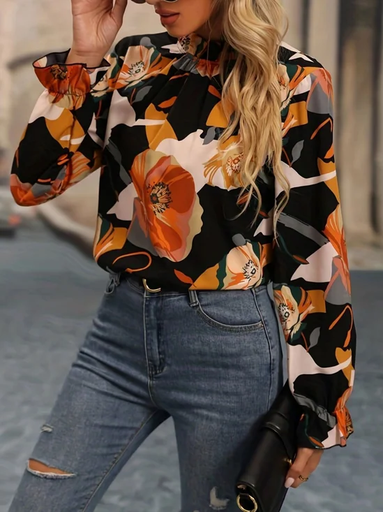 Mock Neck Long Sleeve Floral Printing Regular Micro-Elasticity Loose Tunic Shirt For Women