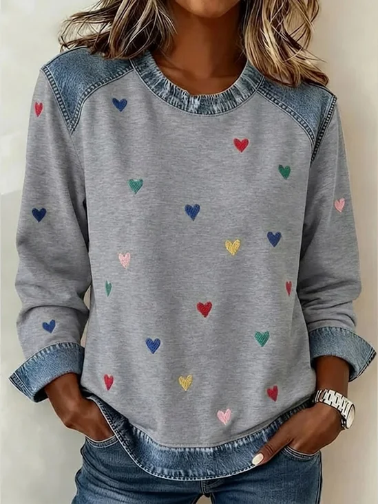 Vintage Crew Neck Heart/Cordate Sweatshirt Printing