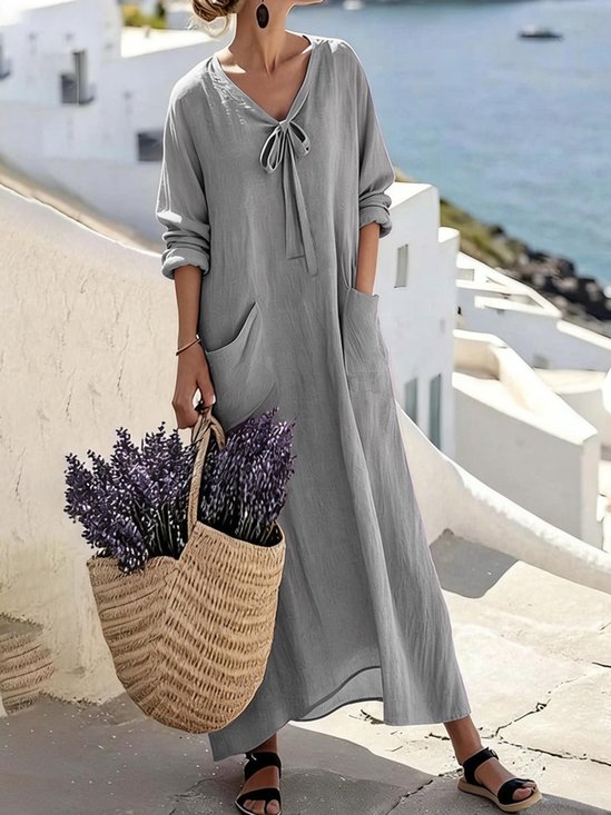 Women Plain Spring/Fall Lace-up Dress V Neck Long Sleeve A-Line Dress