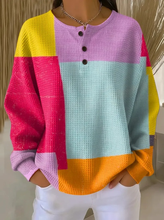 Casual Crew Neck Multicolor Block Sweatshirt Printing