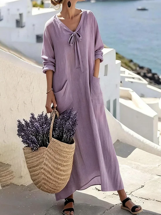 Women Plain Spring/Fall Lace-up Dress V Neck Long Sleeve A-Line Dress