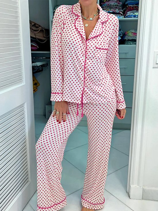 Heart Print Elegant Shawl Collar Long Sleeve Shirt With Pants Pajama Set