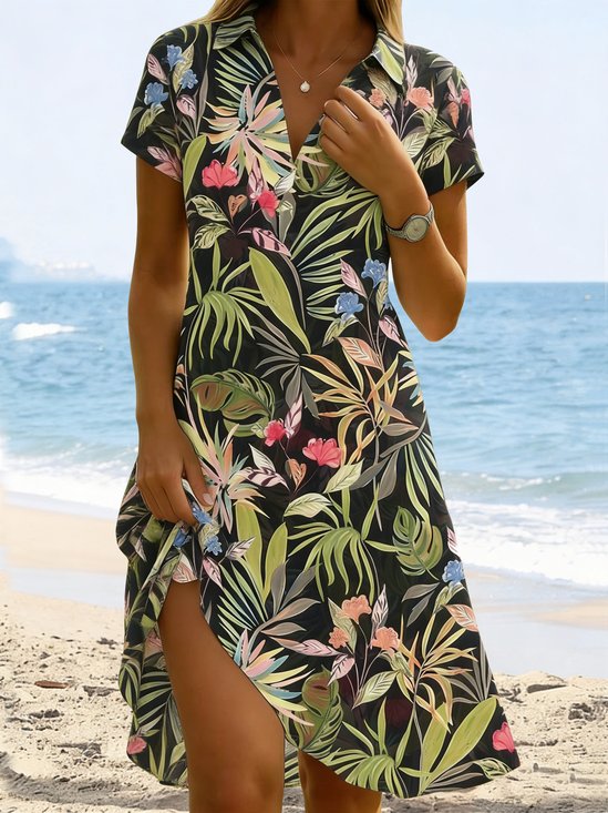 Women Floral Summer Dress Shawl Collar Short Sleeve Fit & Flare Dress A-Line Dress