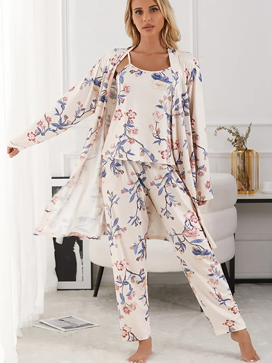 Floral Print 3pcs Long Sleeve Sleeping Robe Halter-style Nightgown With Pants V Neck Simple Casual Pajama Set