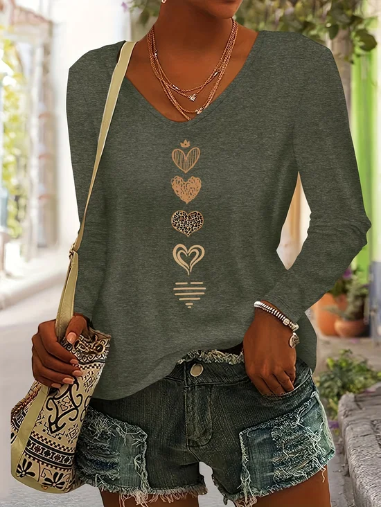 Casual Heart/Cordate V Neck Long Sleeve T-shirt