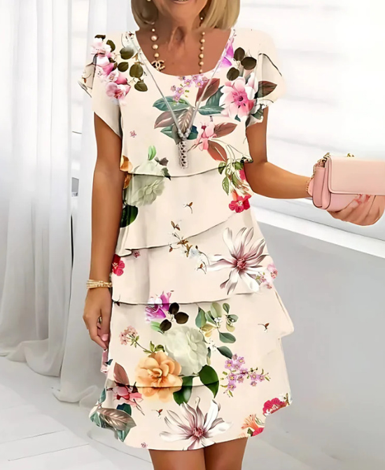 Women Floral Summer Dress Crew Neck Short Sleeve Fit & Flare Dress A-Line Dress