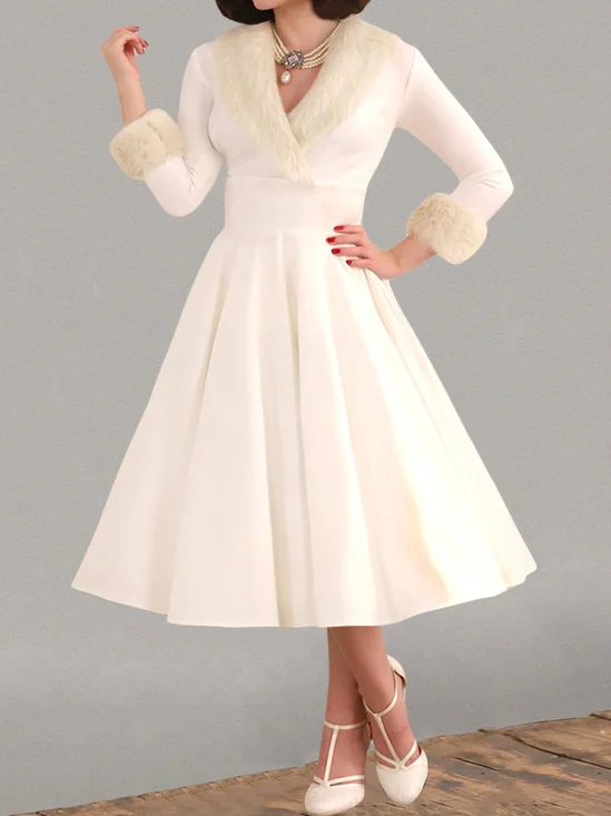 Women Plain Spring/Fall Split Joint Dress V Neck Long Sleeve Tank A-Line Dress