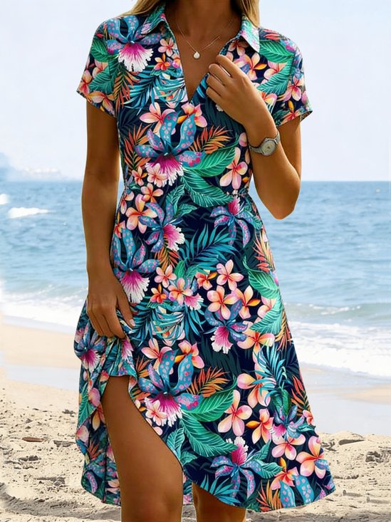 Women Leaf Summer Dress Shawl Collar Short Sleeve Fit & Flare Dress A-Line Dress
