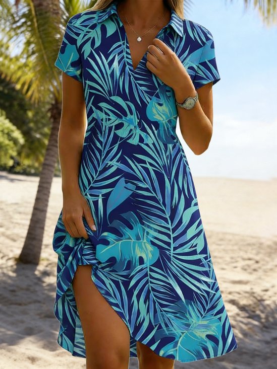 Women Leaf Summer Dress Shawl Collar Short Sleeve Fit & Flare Dress A-Line Dress