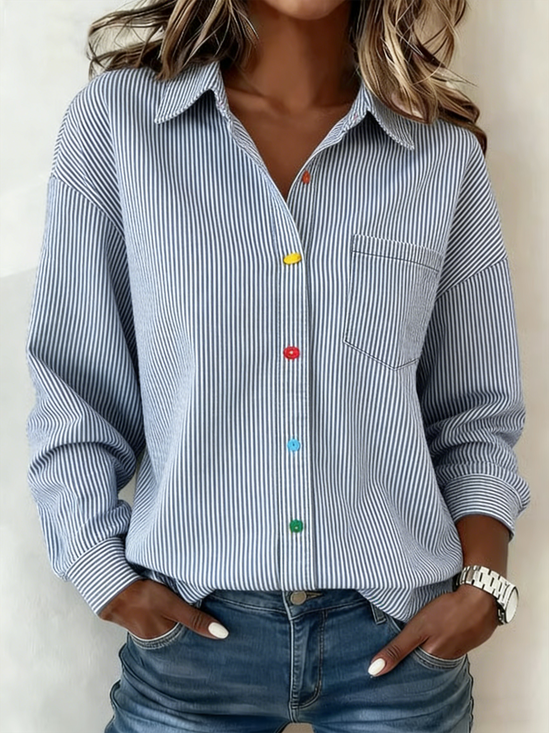 Shawl Collar Long Sleeve Striped Regular Loose Shirt For Women
