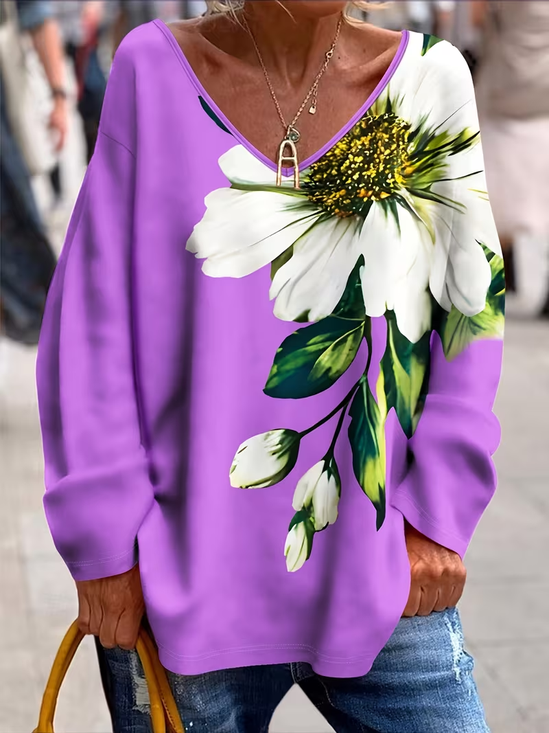 Casual Floral V Neck Long Sleeve T-shirt
