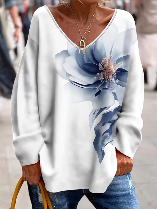 Casual Floral V Neck Long Sleeve T-shirt