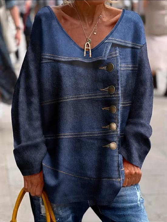 Casual Faux Denim Print Graphic V Neck Long Sleeve T-shirt