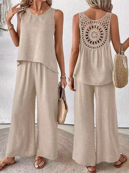 Women Plain Two-Piece Set Daily Sleeveless Casual Summer Top With Pants Matching Set