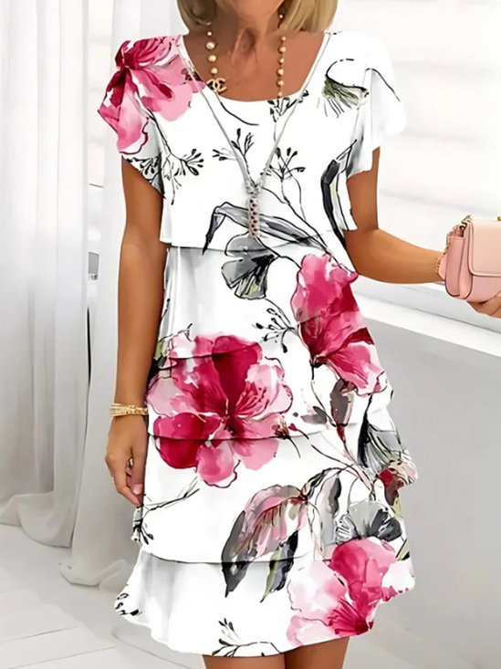 Women Floral Summer Dress Crew Neck Short Sleeve Fit & Flare Dress A-Line Dress