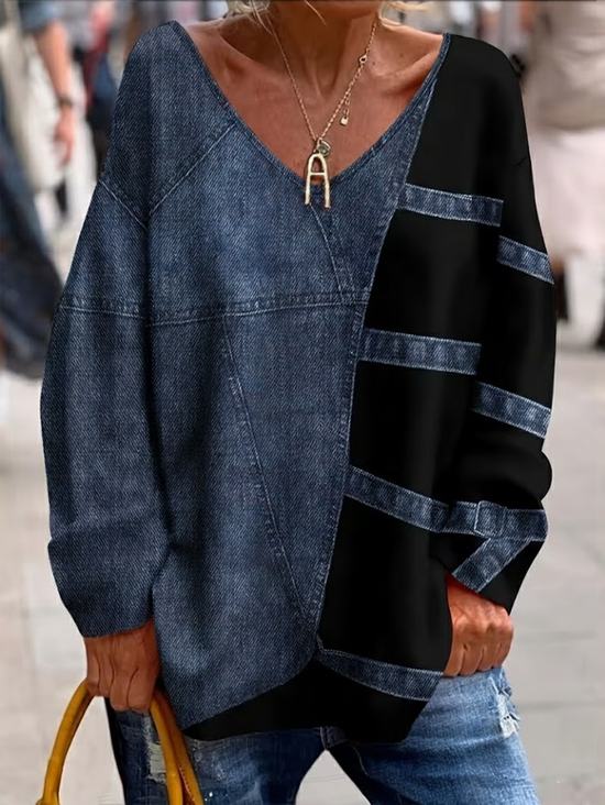 Casual Faux Denim Print Graphic V Neck Long Sleeve T-shirt