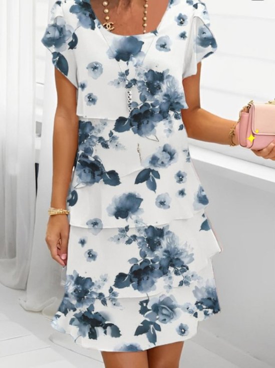 Women Floral Summer Dress Crew Neck Short Sleeve Fit & Flare Dress A-Line Dress