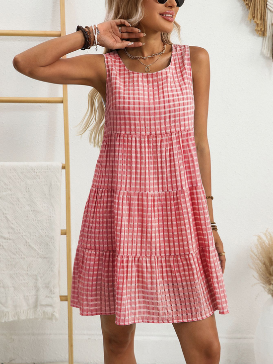 Women Plaid Summer Dress Crew Neck Sleeveless Fit & Flare Dress A-Line Dress