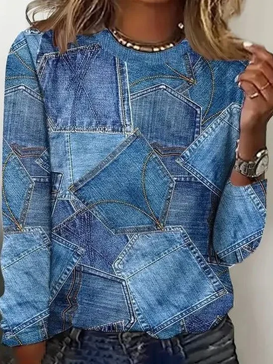 Casual Faux Denim Print Graphic Crew Neck Long Sleeve T-shirt