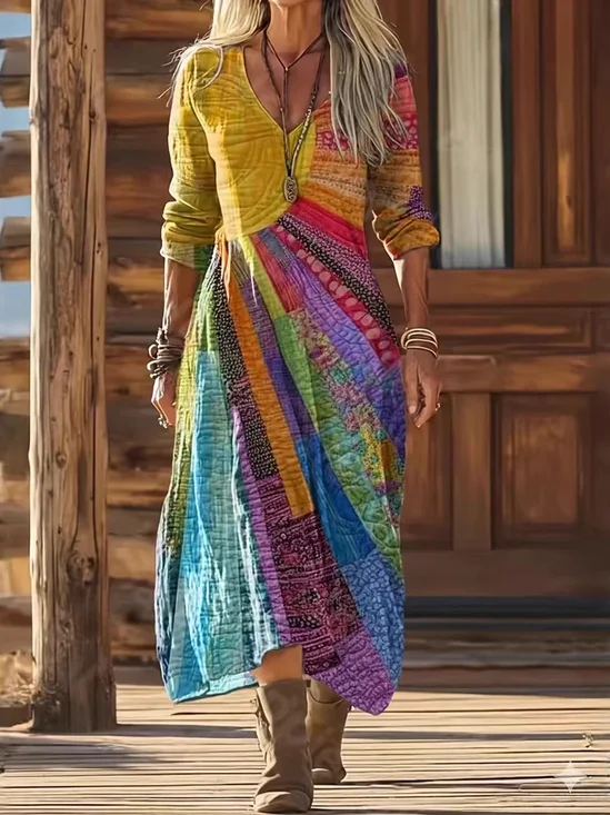 Women Geometric Spring/Fall Dress V Neck Long Sleeve Fit & Flare Dress A-Line Dress