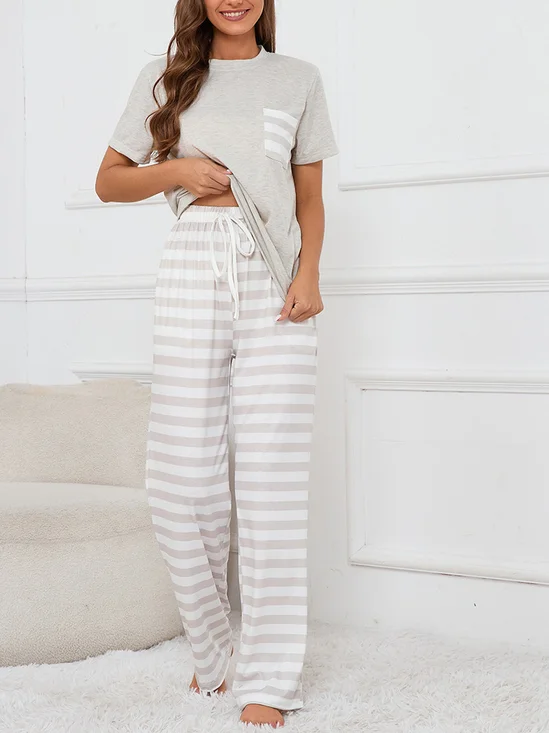 Stripe Polyester Cotton Crew Neck Short Sleeve T-Shirt With Pants Casual Pajama Set