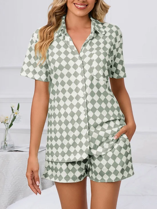Plaid Shawl Collar Short Sleeve Shirt With Shorts  Casual Pajama Set