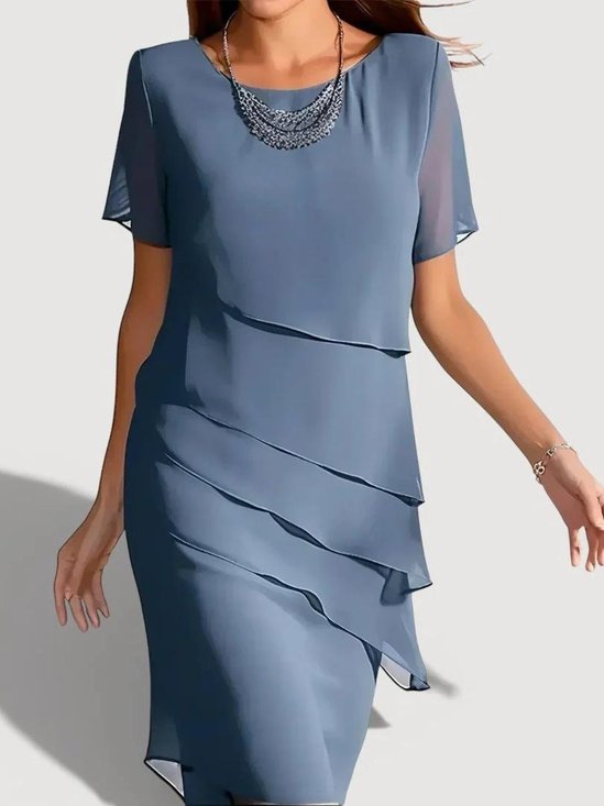 Women Plain Summer Dress Crew Neck Short Sleeve Ruffle Skirt H-Line Dress