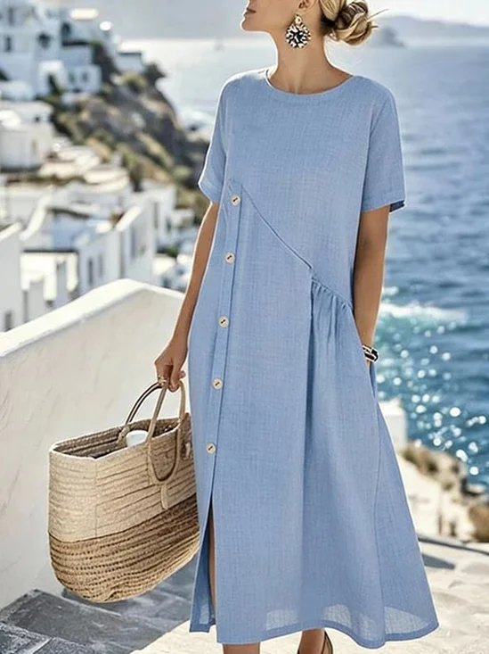 Women Plain Summer Buttoned Dress Crew Neck Short Sleeve A-Line Dress