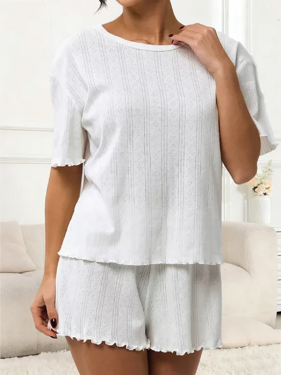 Plain Cotton Crew Neck Short Sleeve Top With Shotrs Casual  Pajama Set