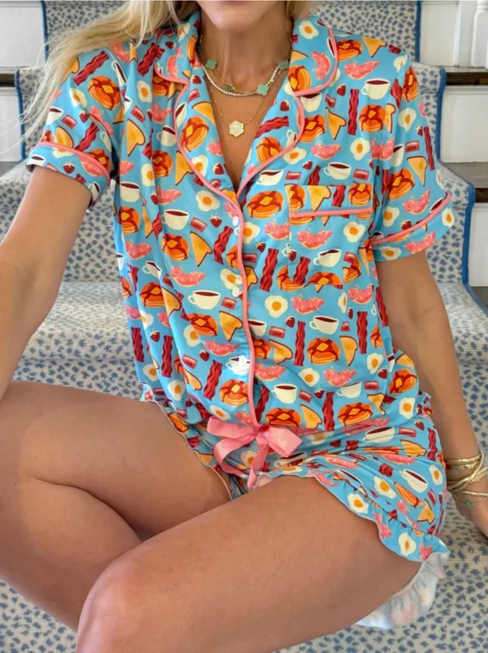 Abstract Short Sleeve Shirt Shawl Collar With Shorts Casual Pajama Set