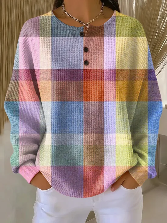 Casual Crew Neck Plaid Printing Sweatshirt 