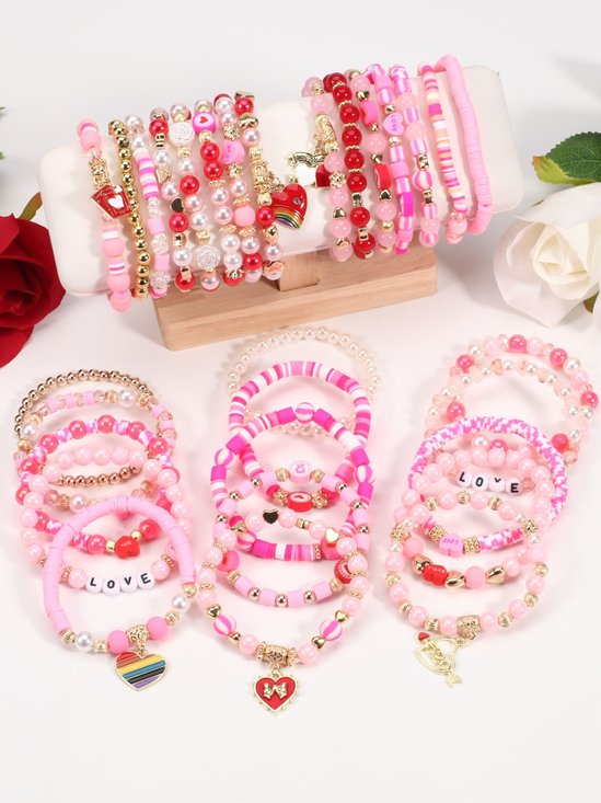 Bowknot Red Rhinestone Heart Valentine's Day Polymer Clay And Artificial Crystal Spliced ​​multi-layer Elastic Bracelet A Perfect Gift For Best Friends