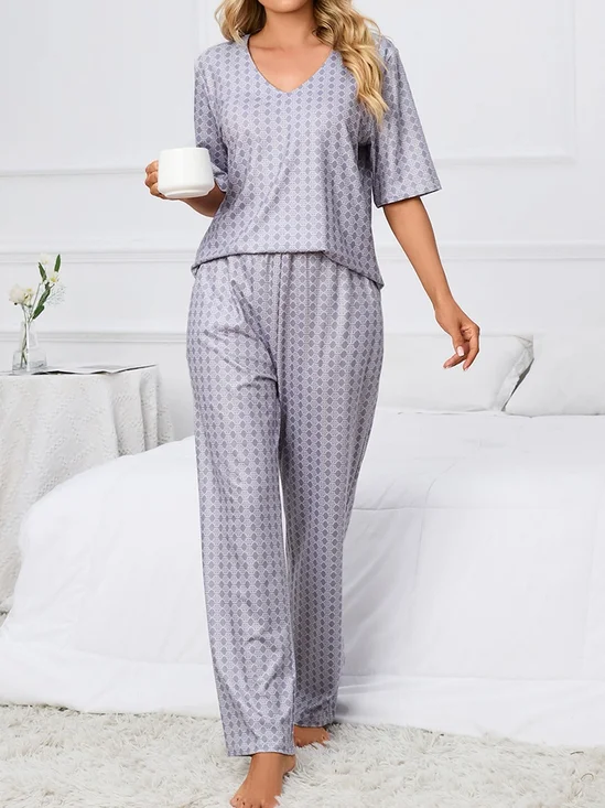 Simple Geometric Print Veck Top With Pants Casual Pajama Set