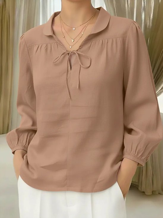Shirt Collar Long Sleeve Plain Regular Loose Blouse For Women