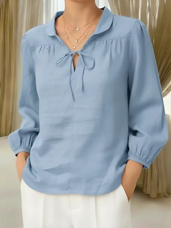 Shirt Collar Long Sleeve Plain Regular Loose Blouse For Women