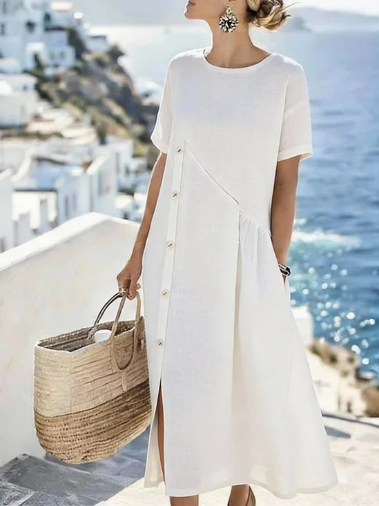 Women Plain Summer Buttoned Dress Crew Neck Short Sleeve A-Line Dress