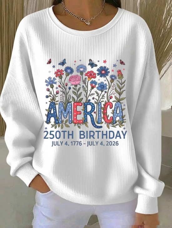 Casual Crew Neck Floral Sweatshirt Printing