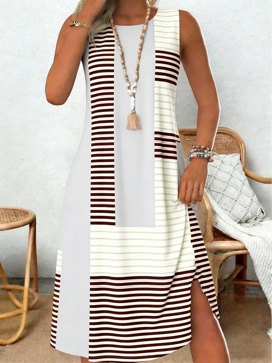 Women Striped Summer Dress Crew
                                    Neck Sleeveless Tank A-Line Dress