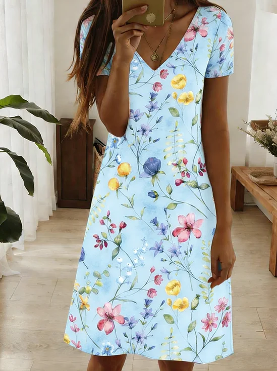 Women Floral Summer Dress V Neck Short Sleeve Fit & Flare Dress A-Line Dress