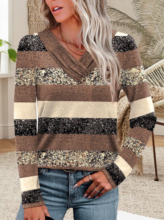 Casual Striped V Neck Long Sleeve T-shirt
