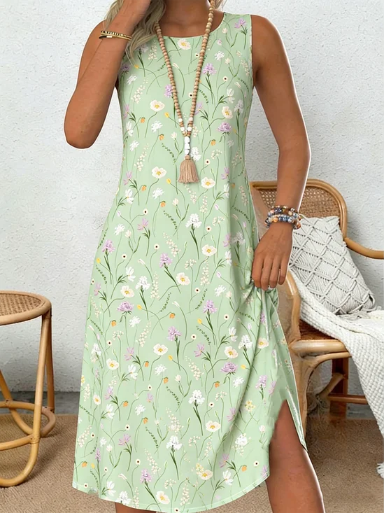 Women Floral Summer Dress Crew Neck Sleeveless Tank A-Line Dress