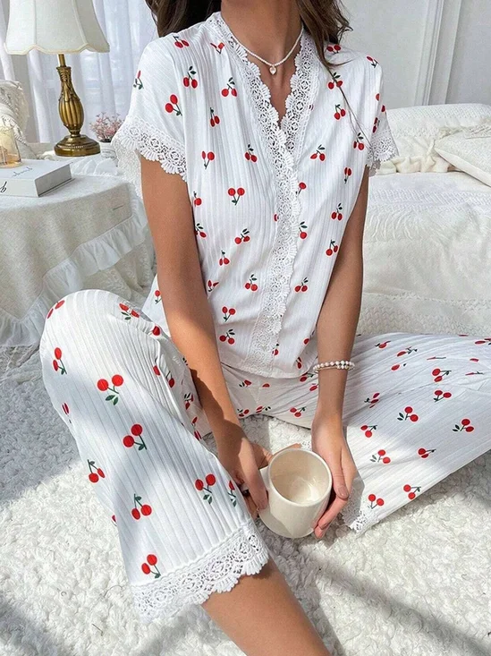 Cherry Print  Lace V Neck Short Sleeve Top With Pants  Casual Pajama Set