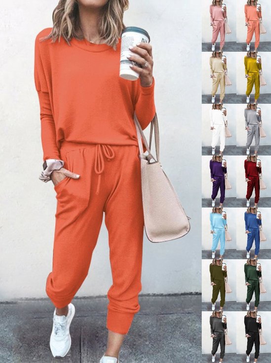 Women Plain Split Joint Two-Piece Set Daily Long Sleeve Casual Spring/Fall Top With Pants Matching Set