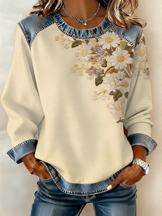 Vintage Crew Neck Floral Sweatshirt Printing