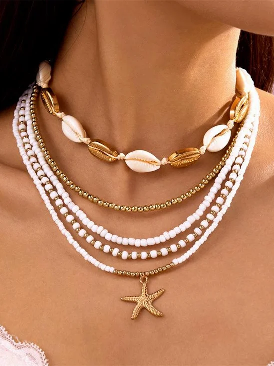 Vacation Beach Seashell Necklace Ocean Shell Double-Layered Necklace Clavicle Chain.