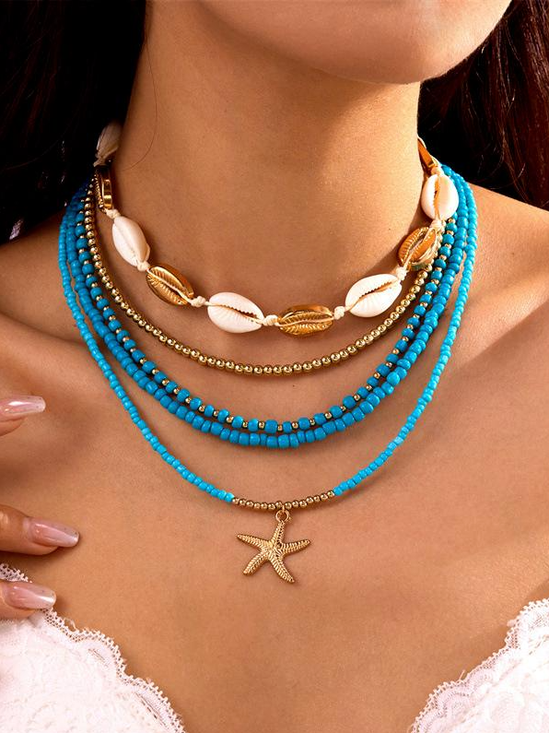 Vacation Beach Seashell Necklace Ocean Shell Double-Layered Necklace Clavicle Chain.