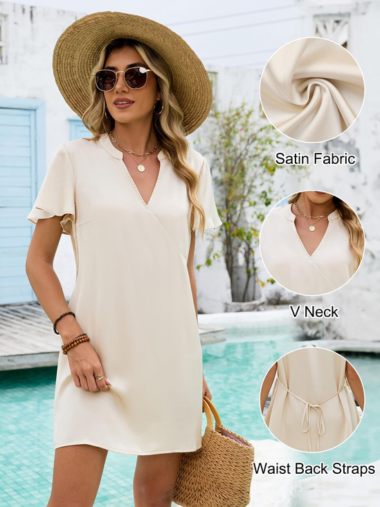 Women Plain Summer Dress V Neck Short Sleeve Fit & Flare Dress A-Line Dress