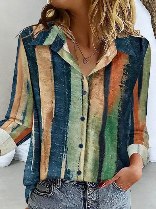 Shirt Collar Long Sleeve Striped Regular Loose Shirt For Women