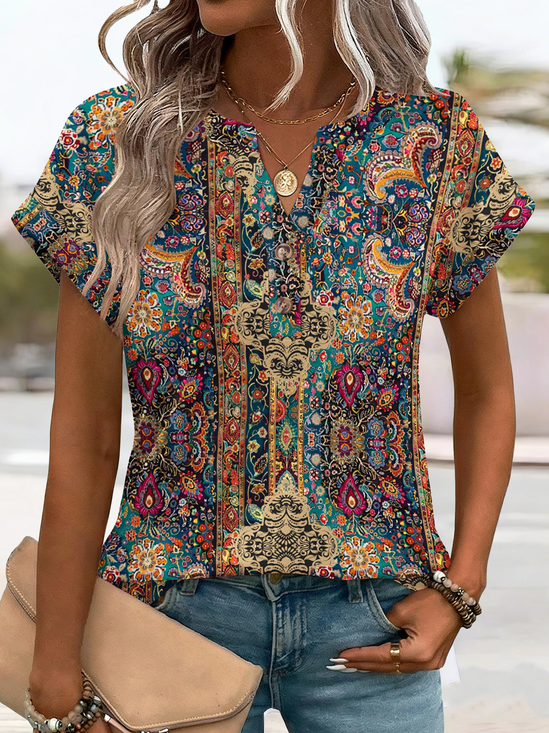 Elegant Nationality/ethnic V Neck Short Sleeve T-shirt